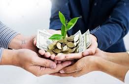 Business people holding a plant with money in their hands